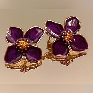 Purple enamel & Gold Pierced Earrings w Gift Box, New